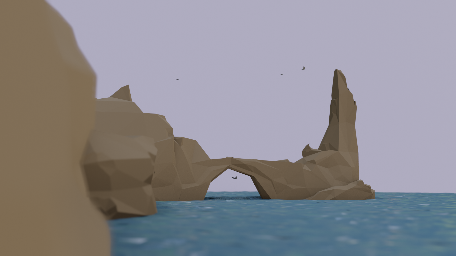 A low poly scene of a coastline with an island connected to the mainland by a natural arch. Some low poly flying creatures are roosting on the island's spire and flying through the air above and below the arch.