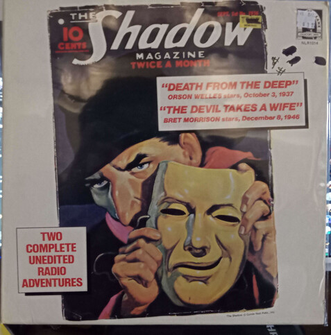 An image of a 12 inch "The Shadow" radio show record containing two episodes "Death from the Deep" and "The Devil Takes a Wife"