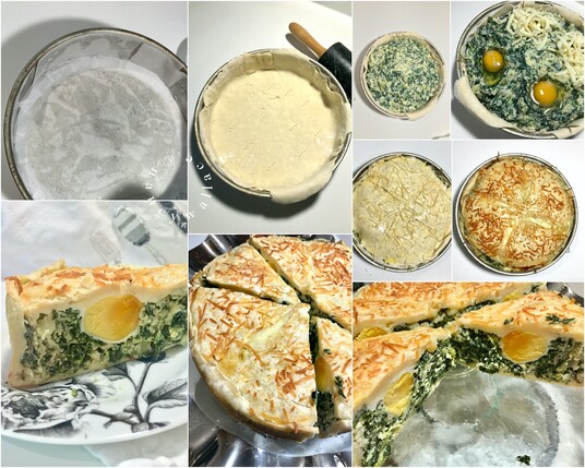 A collage showing all the steps to making the torta: the baking pan is lined with parchment paper, and then filled with homemade pastry. A ricotta-spinach mixture is placed in the center and then four raw eggs are strategically placed on the top which is then covered with grated cheese, then topped with another piece of pie crust and dusted with parmesan cheese. The torta is baked and the eggs are cooked during the process. There are overhead views of the pie during and after the cooking process, and a slice of pie, depicting the cooked, sliced egg on a plate.