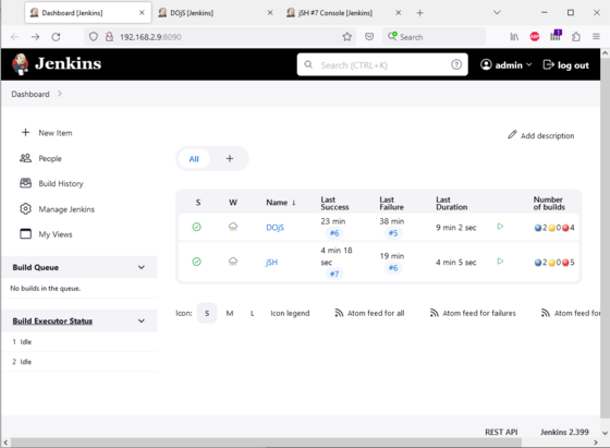 jenkins screenshot showing green builds for DOjS and jSH