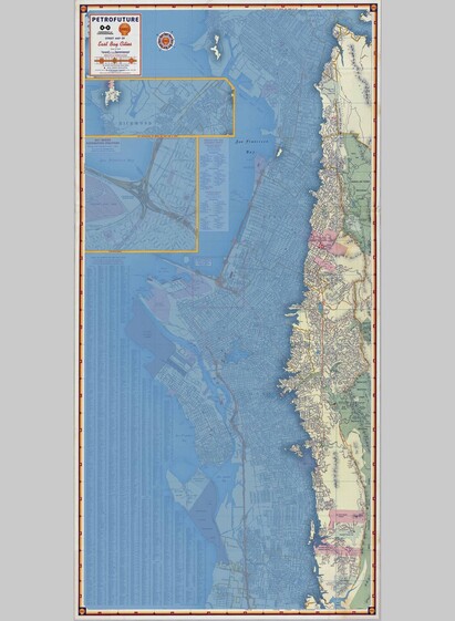 Vintage 1956 Shell Oil gas station map of the East Bay, with 66 meters of sea level rise