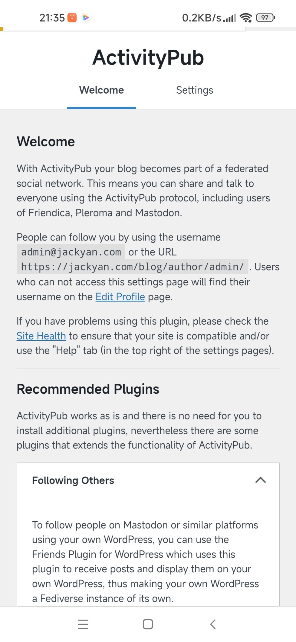 An ActivityPub settingsʼ page on my blog. 