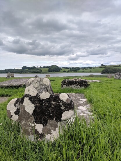 Looking from behind a low, stone cross with rounded-off edges marks the head of a grave slab set into the grass in front of it. The cross is almost entirely covered with splotches of lichens in white, grey, greeny-brown and black.

Other grave markers are visible behind this grave, and the blue water of the Lough can be seen beyond that.