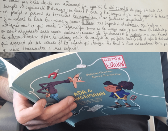 Le scan du témoignage écrit de l'élève en haut et une photo d'une main tenant la couverture du livre en bas.