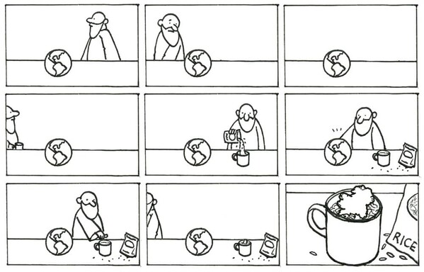 Cartoon strip, 9 panels, black and white. A godlike figure passes the Earth sitting on a worktop. He pulls something off the Earth and sticks it in a cup of rice. In the final panel we see that it’s Ireland in the cup of rice. 