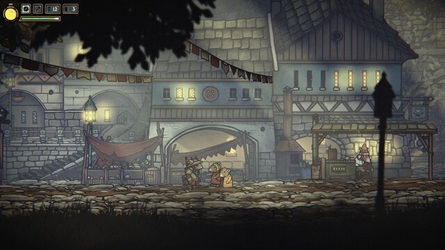 The picture shows a hand-painted medieval scenery. There are several stone houses and a city wall depicted. On the street are the protagonist in a knight's armor and two civilians.
