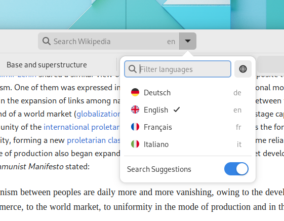 Screenshot of the language popover in Wike, which spawns from an arrow to the right of the search entry in the headerbar. The popover has a filter search entry at the top, then a list of configured languages, and a switch below to turn search suggestions <br />on/off.