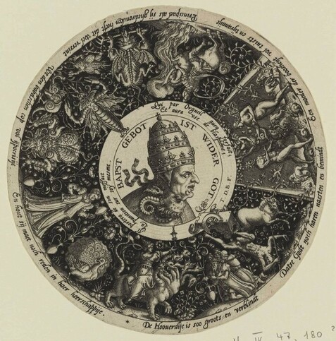 A circular print with an image of the Pope