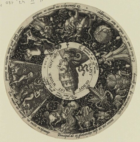 A circular print with an image of a devilish Satyr.