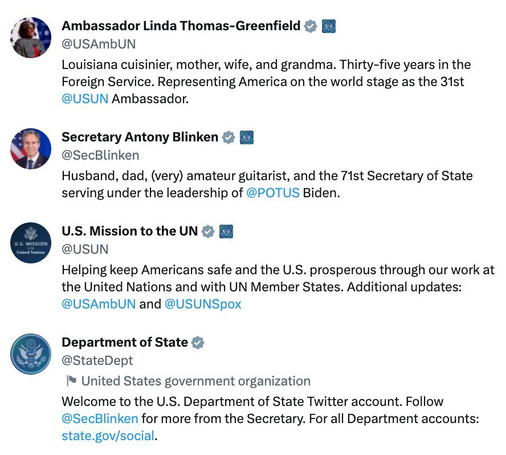 List of four State Department Twitter accounts all with the affiliate Twitter verification.