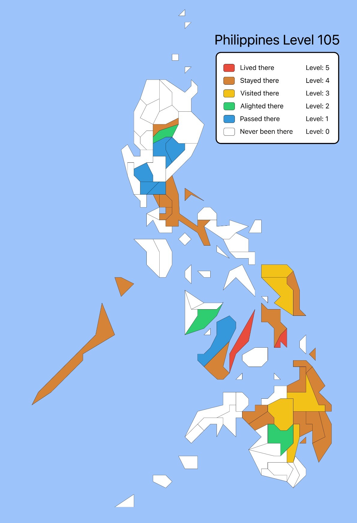 Has anyone tried the [#Philippines](https://mastodon.social/tags/Philippines) Travel Level Map? It's crazy that I scored 105 but it feels like I've only been to a few places.