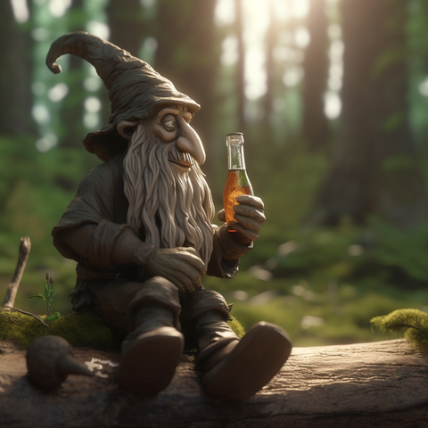 Radagast, der Braune sitzt auf einem Baumstamm im Wald und schaut sich eine mit klarer, braunen Flüssigkeit gefüllte Flasche an.

Midjourney Prompt: modeling clay figure of radagast drinking from a bottle, unreal engine, full figure, uhd, forest in the background --v 5