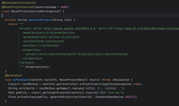 Example of JDK15 Text block. Showing the convenience not to escape strings which contain double quotes etc. and using an added "formatted" to replace a formatter.