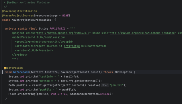 Example of JDK15 Text block. Showing the convenience not to escape strings which contain double quotes etc.