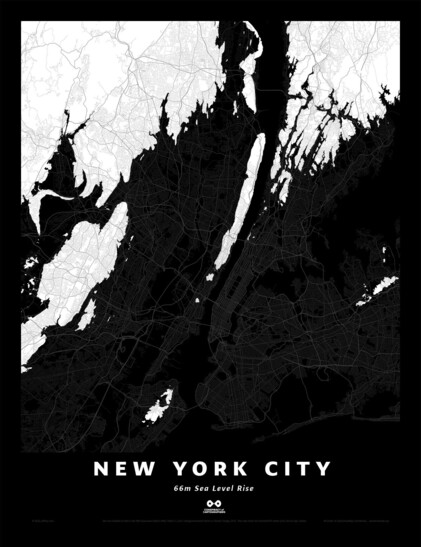 Silhouette map of NYC region with 66 meters sea level rise