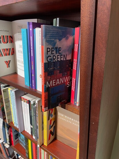 My book The Meanwhile Sites on a shelf with a ton of other poetry books