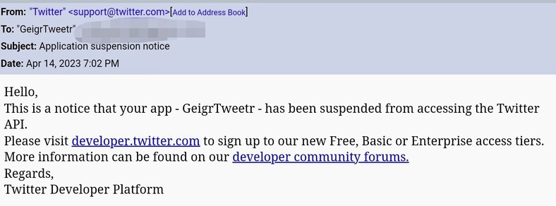 Email notice that my bot GeigrTweetr has been suspended on Twitter.