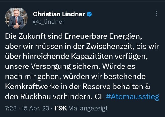 Mehrere Tweets von FDP Politikern, in denen sie sich für Weiterbetrieb oder Vorhaltung von Atomkraftwerken einsetzen.