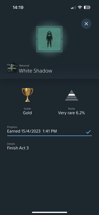 A screenshot of the PlaysStation iOS app showing the trophy “White Shadow” for the game Returnal. Earned 15/4/2023 1:41 PM for completing Act 3 of the game.