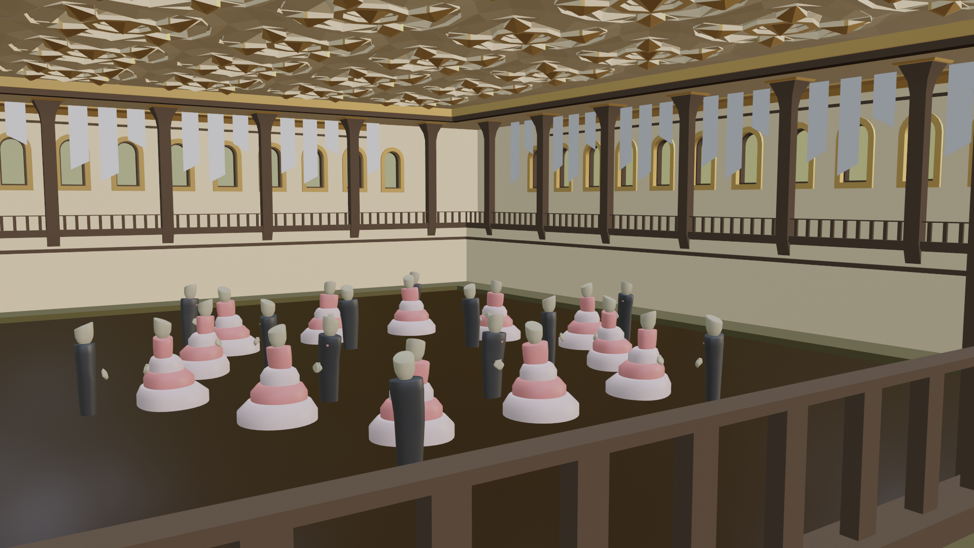 A render looking over a a stylised, brightly lit ballroom from a railed second level. Some low poly stylised people in dresses and suits people are arranged on the dance floor below, banners hang above the second level, and whatever those fancy ceiling bumps are called adorn the ceiling