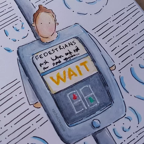 Art. The push button controller of a pedestrian crossing integrated with a person. Their neck and head on the top shoulders of the box, their arms hang by the sides. The box is mounted on a pole, with an illuminated "wait" sign across it's middle. Behind is sky with textured lines.