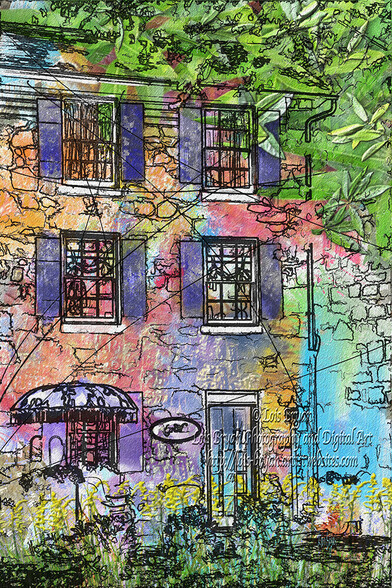 A lovely shop in beautiful old #EllicottCity, #Maryland, "La Boutique" created in a happy #abstract / #impressionistic vision of bright purples and blues, reds, golds and greens.  Ellicott City has seen floods and fires … and i haven't been back in a while.  I think this little shop is closed now … maybe someday it will open again.  https://lois-bryan.pixels.com/featured/la-boutique-in-ellicott-city-lois-bryan.html. Image created from my own photograph, not from stock or public domain.  Hand painted, digitally, in #CorelPainter.  No #ArtificialIntelligence programs used.  #NotAi #art #giftideas #architecture #LoisBryan