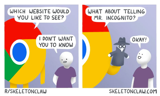 Panel 1:
[The panel shows a giant Google Chrome logo]

Google Chrome Logo: "Which website would you like to see?"

Man: "I don't want you to know."

Panel 2:
[The panel shows the Google Chrome logo holding a puppet of a man in a black hat, duster coat, and glasses. The logo says:]

Google Chrome Logo: "What about telling Mr. Incognito?"

Man: "Okay!"