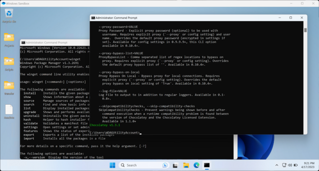 A screenshot of Windows 11 Sandbox, showing both the Winget and Chocolatey package managers installed.