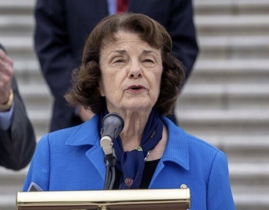 Image of Dianne Feinstein at a podium, squinting into the ether, seemingly oblivious to the world. 