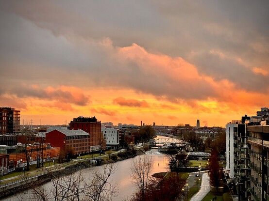Vue of the Griffintown canal at sunset with the telelens of an iPhone 