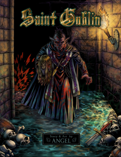 Graphic comic book cover. Bloody goblin monk wades thru flooded catacombs holding a severed head.