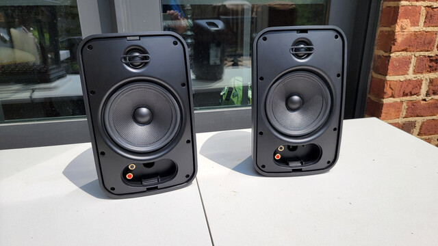 Picture before the install. Pair of Sonance Mariner 64 speaker we installed on a back porch. Nice sounding speakers with a great price point. 