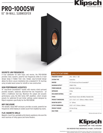 Klipsch PRO-1000SW  - In stock - $999.99 each. 10" in-wall subwoofer that's powered by an additional amp. More info about amp in next post above.