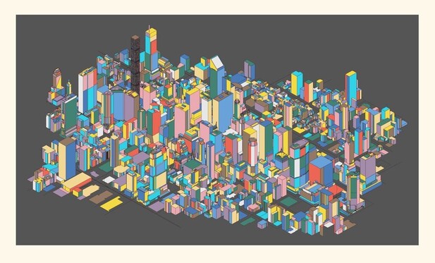Isometric view of a high-rise building filled city. The buildings are painted in bright pastel colors.