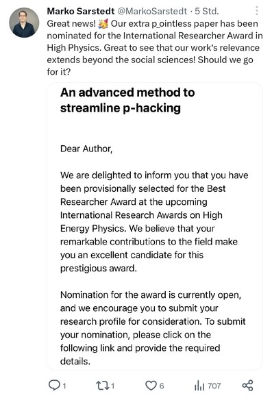 A predatory journal offering a ridiculous award nominatiom for a satire paper - and an ironic tweet to accompany it (by Marko Sarstedt)