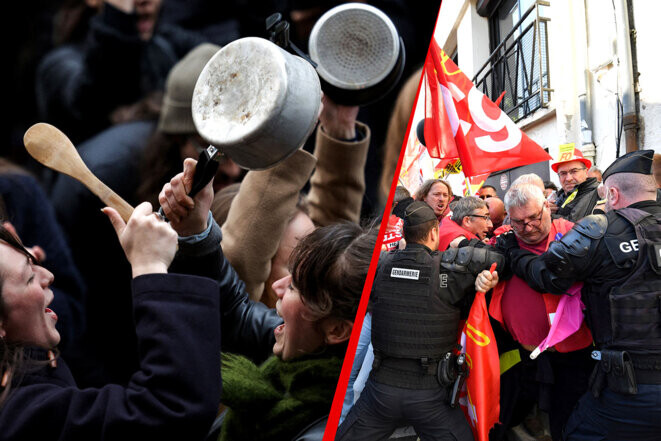 Concert de casseroles lors du discours télévisé d’Emmanuel Macron à Paris le 17 avril 2023 et les manifestants repoussés par les gendarmes à Ganges le 20 avril 2023. © Photos Geoffroy Van Der Hasselt et Sylvain Thomas / AFP