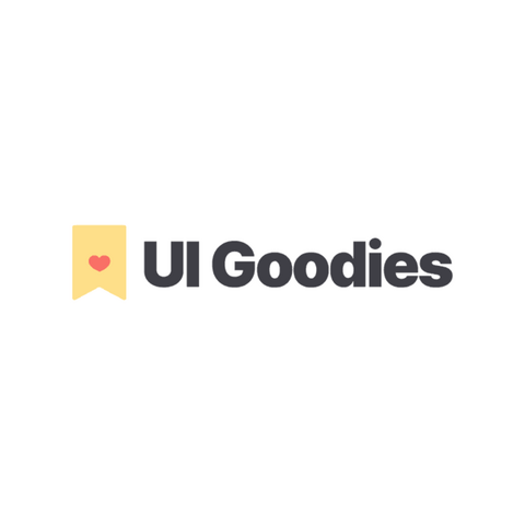 Logo UI Goodies with logomark of yellow bookmark icon with a small red heart centered horizontally and vertically.