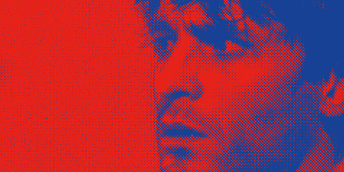 Three-quarter profile of a man looking to the left. Baritone David Pichlmaier as Eugene Onegin. Simulated halftone print in blue on red background. Promotional picture for the 2023 production of Tchaikovsky’s Евгений Онегин (Eugene Onegin) at the Staatstheater Darmstadt staged by Isabel Ostermann. Photo © Isabel Machado Rios