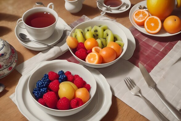 A nice bowl of fruits on the table, closeup, photo, photorealistic, a cup of tea with steam raising, a know and cutlery, an empty plate, knife next to plate, photo, hyper details, 8k, 4k