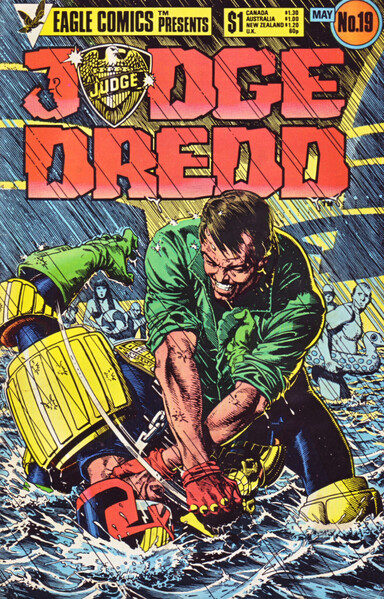 The front cover of Judge Dredd No 19, featuring a mighty fine illustration by Brian Bolland of a bloke trying to drown Joe Dredd in the story 'Block Mania'.