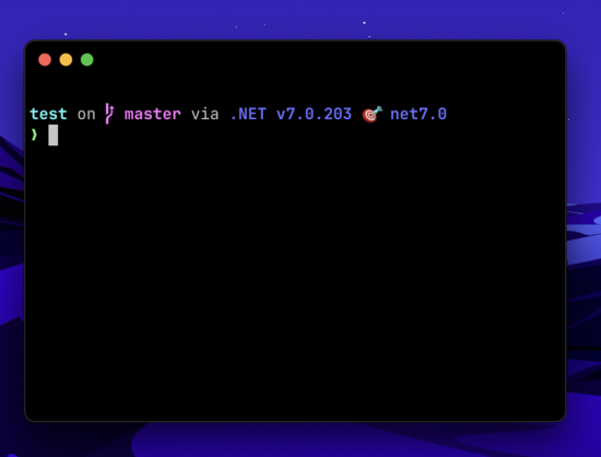 iTerm2 terminal with a starship prompt and JetBrains Mono Nerd Font showing git and dotnet info in the prompt.
