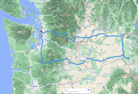 A screenshot of Google maps showing Drain's multiple day route across Washington State, totalling approximately 820 miles. 