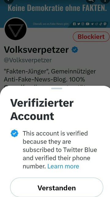 Der volksverpetzer hat nun auch einen verifizierten käuflichen blauen Haken