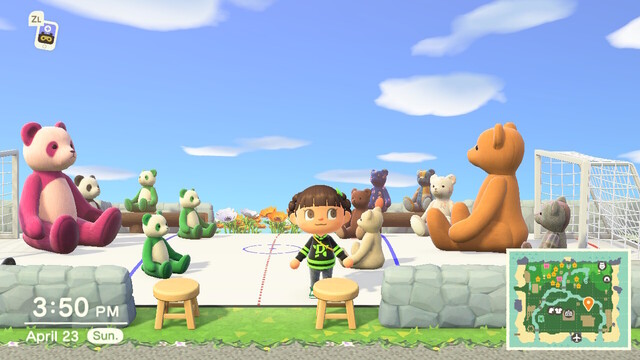 Screenshot from Animal crossing. There's a player at the center of the screen wearing a version of the Dallas Stars Blackout jersey. She stands in a homemade ice rink with pandas of all sizes and teddy bears in place for players.