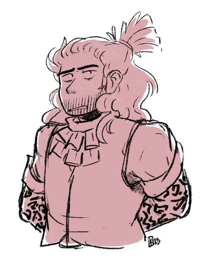 A sketch of Baron Ragoon from Hello from the Magic Tavern. He is standing with his arms folded behind his back, looking off to the side as he addresses an unseen conversation partner. His hair curls over his shoulders, and he wears a vest with a long sleeve shirt with rolled up sleeves, showing off his arm tattoos. A cravat completes the ensemble.