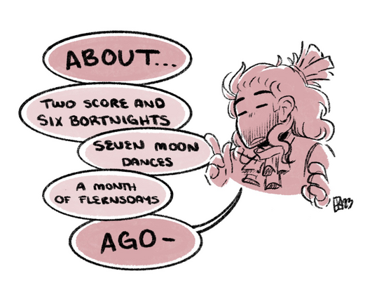 A sketch of Baron Ragoon from Hello From the Magic Tavern. He’s dressed in a shirt and vest with a cravat, eyes closed and slightly tiling his head. His word balloons are broken into various overlapping phrases: they are positioned to fill in the blank between “about” and “ago.” The phrases fully read “about two score and six bortnights ago—“ “about seven moon dances ago—“ and “about a month of flernsdays ago—“
