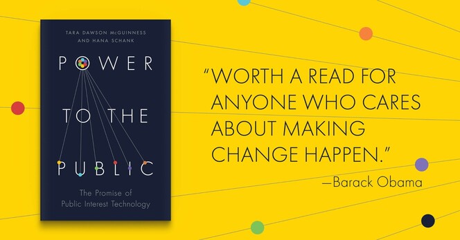 Yellow background with colorful circles and the cover of Power to the Public on the left and a quote from Barack Obama, "Worth the read for anyone who cares about making a change happen."
