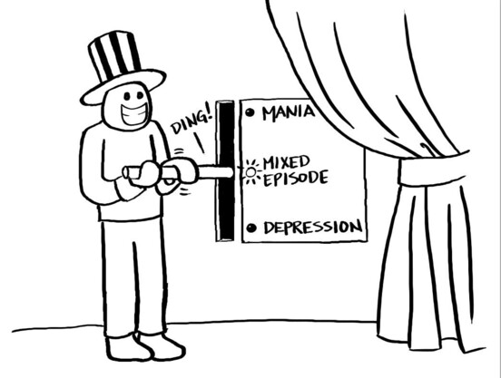 A character with a top hat pulls a switch marked "mania," "mixed episode," and "depression." The "mixed episode" light is lit.