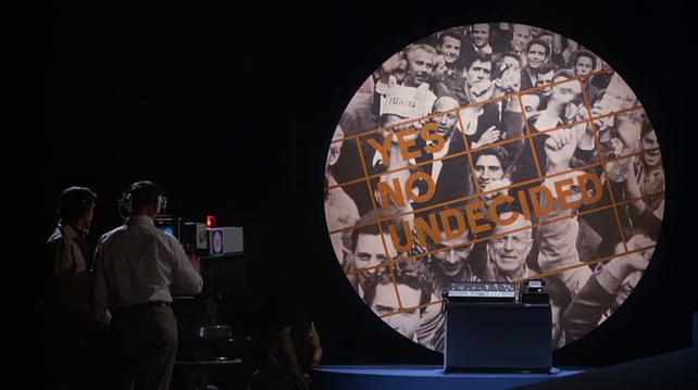 Still from the film "Network (1976)" showing the "vox populi" set piece which had just been turned into place by a stage hand. A studio television camera, with it's red tally light on, is pointed at the set, meaning that image is being televised at the moment (on the fictional UBS network).