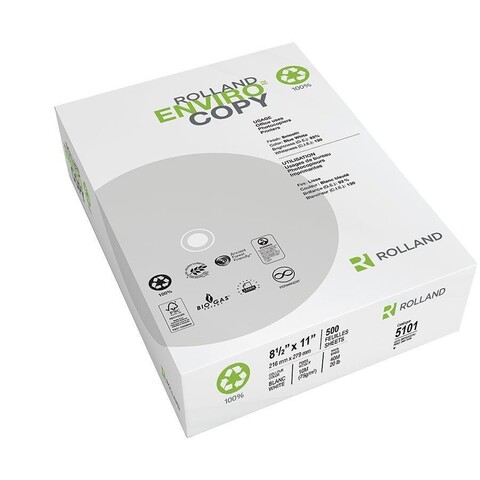 A ream of ROLLAND
ENVIRO COPY paper, with recycled paper logos of various sorts.